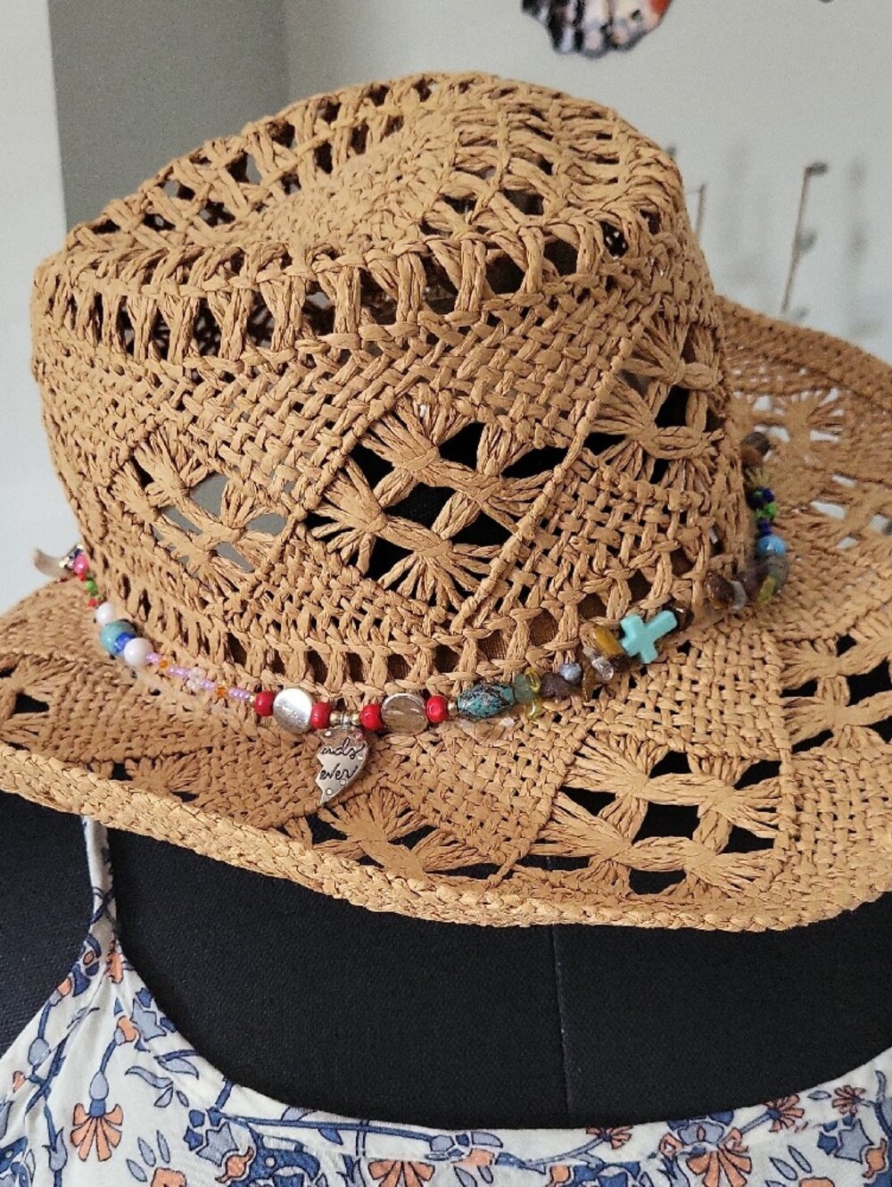 Western Cowgirl Straw Sun Hat with Beaded Accent - Tan - Picture 14 of 14